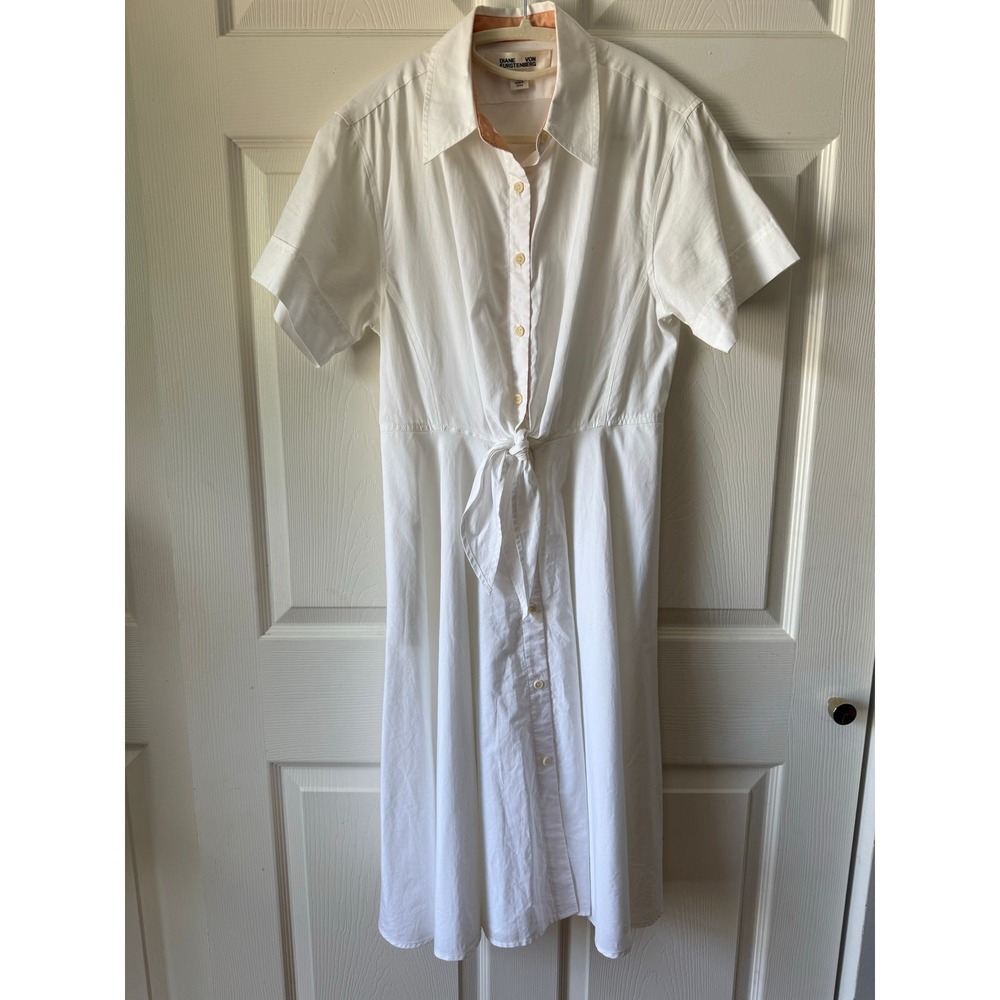 Diane von Furstenberg White Cotton Shirt Dress Tie Waist Button Front Size 4